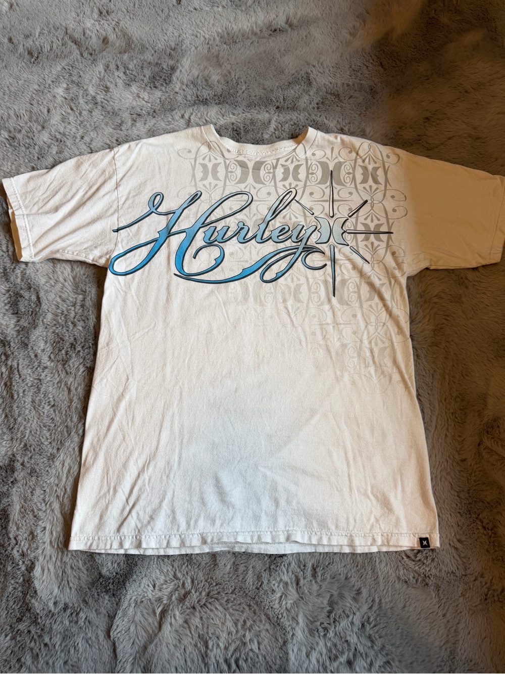 Hurley White Tee with Blue Script and Gray Accents
